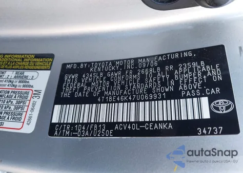 2007 Toyota Camry Le z USA, uszkodzony, nr VIN 4T1BE46K47U069931